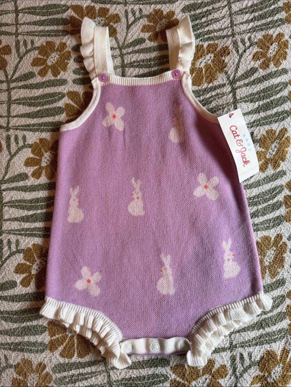 Cat & Jack Lavender Bunny Knit Romper with Cream Ruffle Trim